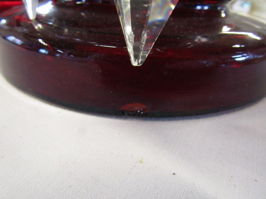 Pair of ruby glass lustres with clear glass drops - some missing / wrong size - one lustre has crack - Image 2 of 7