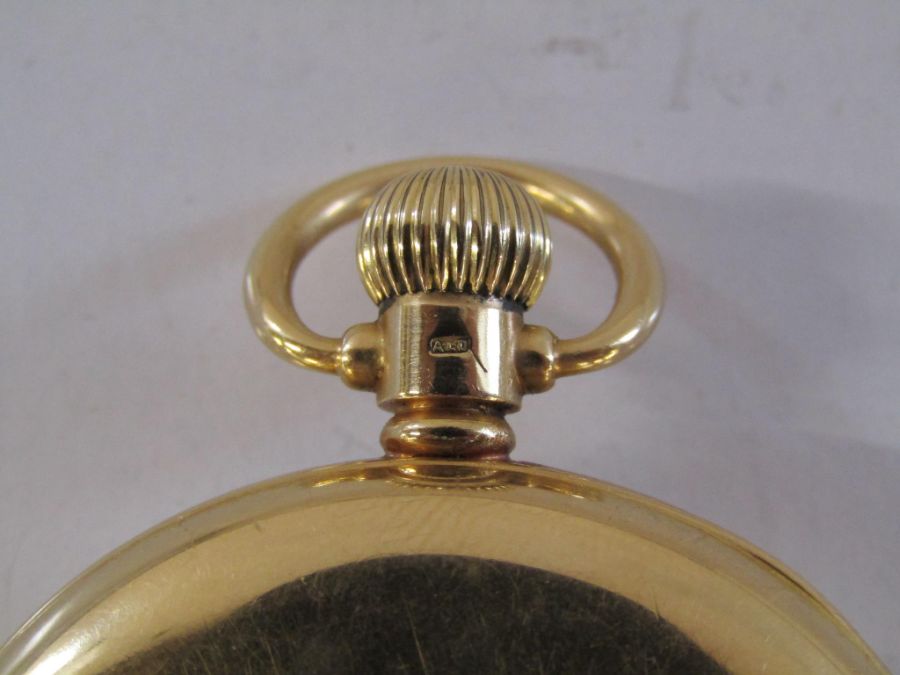 Waltham 18ct gold Maximus Vanguard 23 jewels pocket watch with top dial indicating the spring - Image 9 of 10