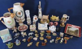 Selection of crested china, David Winter & Lilliput Lane cottages, fairing, Hummel figure boy on a