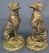 Pair of seated bronze greyhounds on circular bases after Barye, height 17cm
