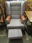 Tweed grey/beige fabric with leather piping tall back armchair and footstool
