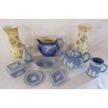 Wedgwood items including teapot, Crown Devon vases (one showing significant damage) and 'Ye Olde