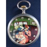 Erotic top wind open face pocket watch with painted dial indistinctly signed  (missing glass)