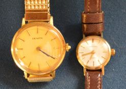 9ct gold Garrard ladies quartz wrist watch with leather strap & inscription to back & a Zenith