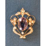 9ct gold amethyst & seed pearl brooch/pendant 4.1g