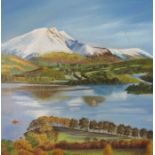 Unframed oil painting of Derwent Water From the Hill by Patricia Brown approx. 40cm x 40cm