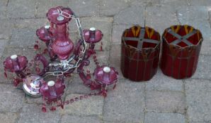 Pair of leaded glass light shades & a cranberry glass chandelier