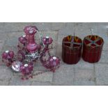 Pair of leaded glass light shades & a cranberry glass chandelier