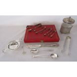 Collection of silver items including strainer, spoons, Edward Souter Barnsley jam preserve server