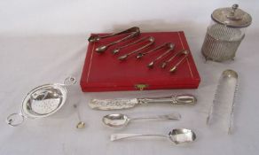 Collection of silver items including strainer, spoons, Edward Souter Barnsley jam preserve server