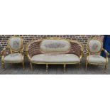 French gilded salon suite comprising a two seater sofa (L 194cm) & two open armchairs