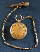 14ct gold open face key wind fob watch with engine turned face & case and T bar chain & key fob