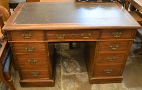 Victorian twin pedestal desk with brass handles  L 122cm D 65cm Ht 77cm