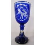 Bohemian blue glass wine glass with etched erotic scene