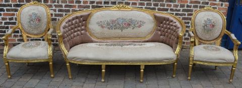 French gilded salon suite comprising a four seater sofa (L 194cm) & two open armchairs