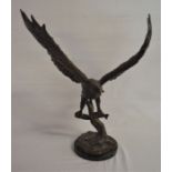 Large bronze eagle in flight on a marble base, H59cm x W47cm