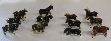 12 small ceramic working horses, including 6 with harnesses