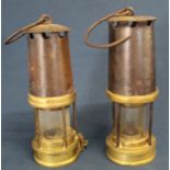 Two brass miners lamps - one marked Patterson & Co Newcastle On Tyne