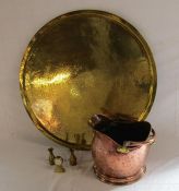 Large brass tray (some damage), copper coal bucket and small brass items