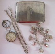 W Smith 1921 silver cigarette case total weight 4.69ozt, PJ 1975 silver charm bracelet (not all