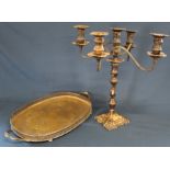 Large plate on copper 4 branch candelabra & silver plated gallery tray