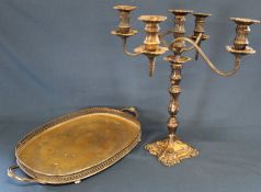 Large plate on copper 4 branch candelabra & silver plated gallery tray