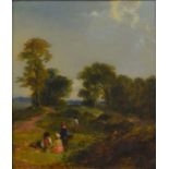 Late 19th/early 20th century oil on board landscape with children in the foreground. Frame size 58cm