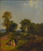Late 19th/early 20th century oil on board landscape with children in the foreground. Frame size 58cm