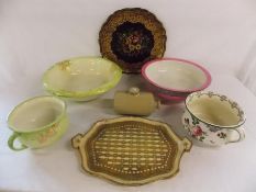 Palissy wash bowl and one other with matching chamber pot, Royal Doulton chamber pot, wooden trays