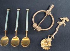 Three David Andersen Norway silver gilt & enamel coffee spoons, penannular brooch & Victorian silver