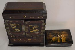 Oriental lacquered jewellery cabinet & a lacquered box