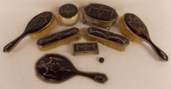 Silver and tortoiseshell vanity set including trinket box, mirror (slight damage to tortoiseshell)