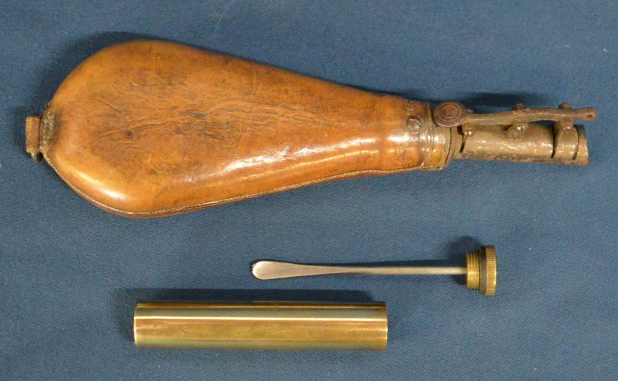19th century leather powder flask & brass powder tube