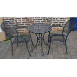 Metal patio table and 2 chairs and metal wine rack
