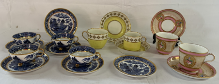 Davenport blue and white tea cups and saucers (some showing signs of repair) Derby yellow tea cup