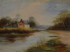 Small early 20th century oil,  landscape with river in the foreground by Grimsby artist Byron