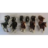 11 large ceramic working horses, including some with harnesses