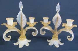 Pair Italian opal art glass candle holders (one showing signs of repair)