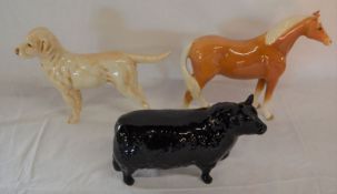 Beswick Palomino pony, Beswick Aberdeen Angus bull & a ceramic labrador