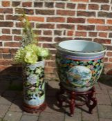 Large Chinese jardinière on stand (46cm dia, 65.5cm high on stand) and large cylindrical vase on