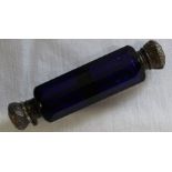 Victorian blue glass double ended scent bottle with unmarked caps / collar
