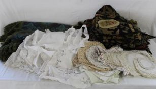 Vintage linens and doilies, vintage tasselled bed spread and upholstery material pieces