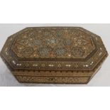 Anglo Indian inlaid parquetry and mother of pearl octagonal box (some loss to central panel) 37cm