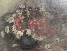 James Arundel (1875-1960) oil on board still life vase of pink flowers, 79cm x 61cm
