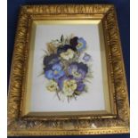 Victorian gilt framed ceramic / glass panel hand painted with pansies, signed E Oldham 1899, 43cm