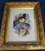 Victorian gilt framed ceramic / glass panel hand painted with pansies, signed E Oldham 1899, 43cm