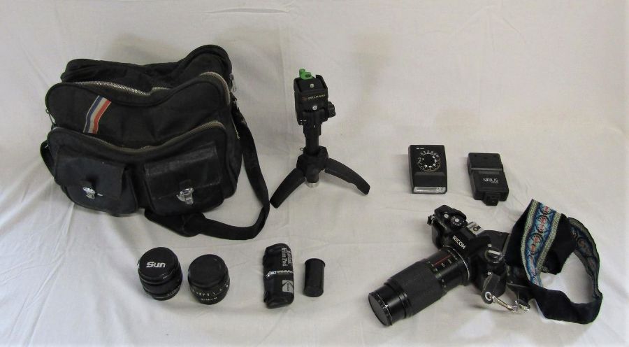 Ricoh KR-5 35mm film camera with lenses, tripod, flash etc