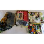 Assortment of knitting wool and needles and part rug making kit