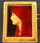 Maltese enamel brooch made by Mr Agius, depicting female head in profile, set in tested as 18ct gold