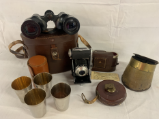 Set of four stainless steel cups in a case, Rabones tape, Balda Baldinette prontor-s camera, Ross